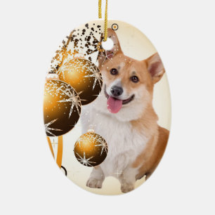 Ornamento De Cerâmica Corgi vermelho e branco do Natal