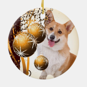 Ornamento De Cerâmica Corgi vermelho e branco do Natal