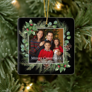 Ornamento De Cerâmica Coroa Botânica de Foto de Natal Feliz