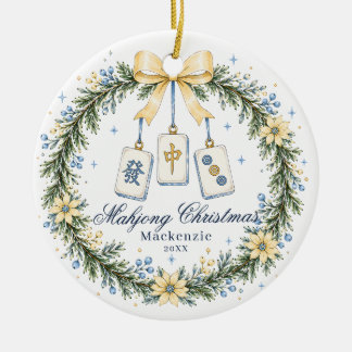 Ornamento De Cerâmica Coroa de Azulejo de Mahjong Amarelo e Azul Natal