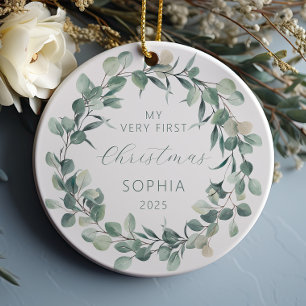 Ornamento De Cerâmica Coroa de Eucalipto para o Primeiro Natal do Bebê P
