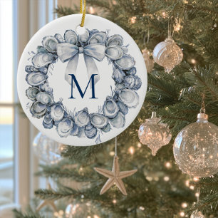 Ornamento De Cerâmica Coroa de Natal com Concha de Ostra Monogramada