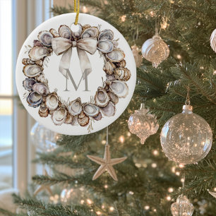 Ornamento De Cerâmica Coroa de Natal com Concha de Ostra Monogramada