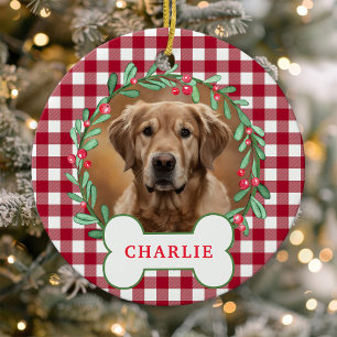 Ornamento De Cerâmica Coroa de Natal com Foto de Cachorro em Xadrez Verm