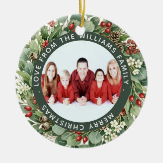 Ornamento De Cerâmica Coroa de Natal de Folhagem Família Foto Natal