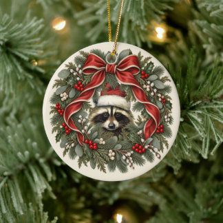 Ornamento De Cerâmica Coroa de Natal de Guaxinim Vintage