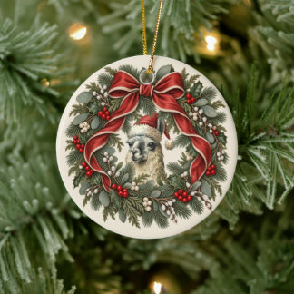Ornamento De Cerâmica Coroa de Natal de Lhama Vintage