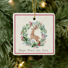 Ornamento De Cerâmica Coroa de Natal em aquarela com cervo personalizada