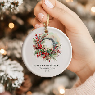 Ornamento De Cerâmica Coroa de Natal em Aquarela de Inverno com Bagas Ve