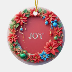 Ornamento De Cerâmica Coroa de Natal Festiva com Poinsettias Vermelhas