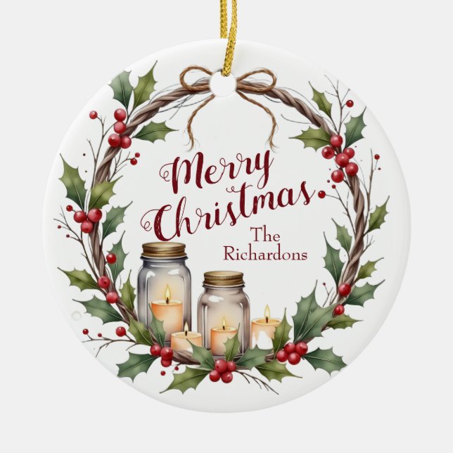 Ornamento De Cerâmica Coroa de Natal Rústica com Azevinho  (Frente)
