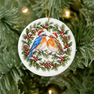 Ornamento De Cerâmica Coroa de Natal Rústico com Pássaros Apaixonados Pe