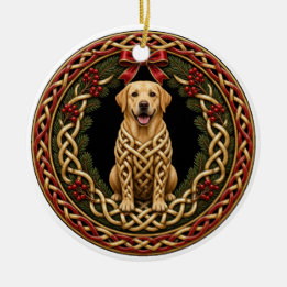 Ornamento De Cerâmica Coroa de Nó Celta com Labrador Amarelo Personaliza