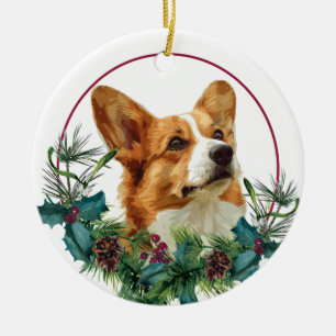 Ornamento De Cerâmica Coroa de Sempre-Verde do Cão Corgi Galês de Pembro