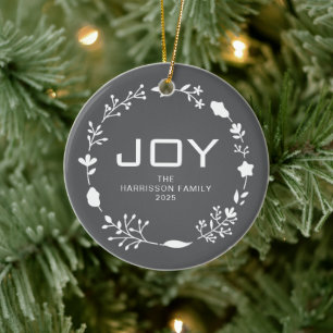Ornamento De Cerâmica Coroa Floral de Natal Alegria Nome da Família Foto
