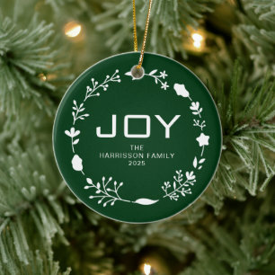 Ornamento De Cerâmica Coroa Floral de Natal Alegria Nome da Família Foto