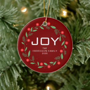 Ornamento De Cerâmica Coroa Floral de Natal Alegria Nome da Família Foto