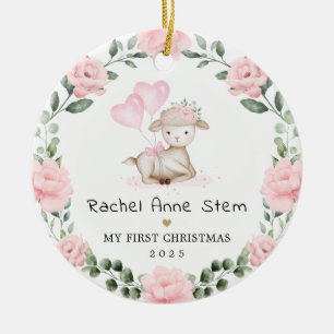 Ornamento De Cerâmica Coroa Floral Rosa Menina Bebê Primeiro Natal