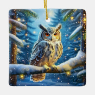 Ornamento De Cerâmica Coruja Com Chifres Em Floresta Coberta De Neve