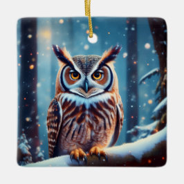 Ornamento De Cerâmica Coruja Corada Em Floresta Coberta De Neve