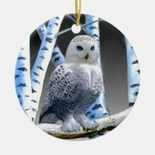 Ornamento De Cerâmica Coruja da Neve de Olhos Azuis