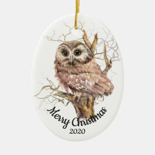 Ornamento De Cerâmica Coruja de Aquarela de Natal Personalizada em Árvor