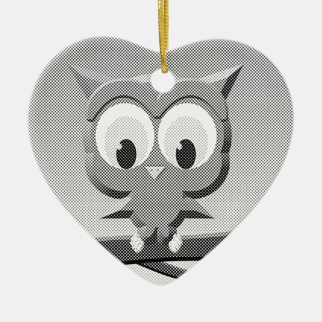 Ornamento De Cerâmica Coruja De Newsprint Em Preto E Branco (Frente)