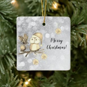 Ornamento De Cerâmica Coruja Fofa de Natal Com Galhos e Bolas