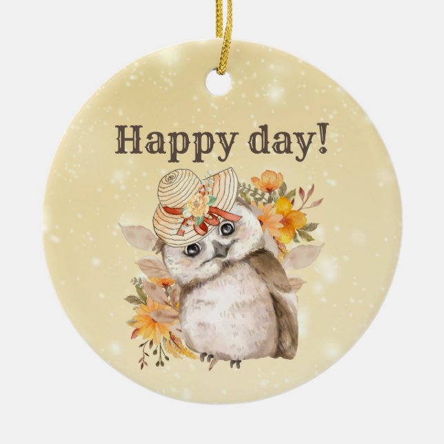 Ornamento De Cerâmica coruja kawaii com fundo de folhas quentes (Frente)
