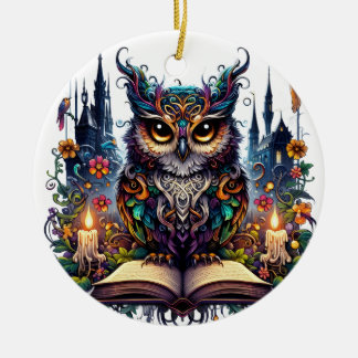 Ornamento De Cerâmica Coruja Mágica Livresca