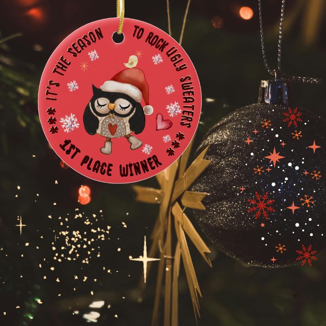 Ornamento De Cerâmica Coruja-rua Feia-Doce (Ugly Sweater 1st Winner Owl Ceramic Ornament)