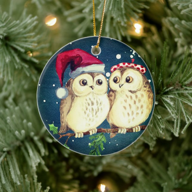 Ornamento De Cerâmica Corujas de Natal apaixonadas (Árvore)