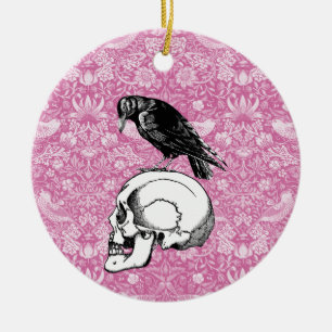 Ornamento De Cerâmica Corvo ou Corvo e Caveira, Rosa e Negro