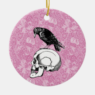 Ornamento De Cerâmica Corvo ou Corvo e Caveira, Rosa e Negro