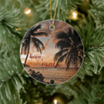 Ornamento De Cerâmica Costume Tropical Sunset Beach do Aniversário de Ca<br><div class="desc">O ornamento Cerâmico Tropical Sunset Beach, no Aniversário de Casamento, tem uma paisagem romântica que foi fotografada na Baía de Cane em Ruas. Croix US Virgin Islands. Personalize-o com um nome de casal ou apenas com um nome e data de pessoa. Adoro como o pôr do sol, as palmeiras e...</div>