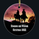 Ornamento De Cerâmica Country Western Cowboy and Cowgirl Romantic<br><div class="desc">Change this ornament to any name and date and make a very nice custom romantic country western ornament.  A cowgirl and cowboy ride off into the sunset with birds.  The personalization will make this a keepsake!</div>