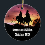 Ornamento De Cerâmica Country Western Cowboy and Cowgirl Romantic<br><div class="desc">Change this ornament to any name and date and make a very nice custom romantic country western ornament.  A cowgirl and cowboy ride off into the sunset with birds.  The personalization will make this a keepsake!</div>