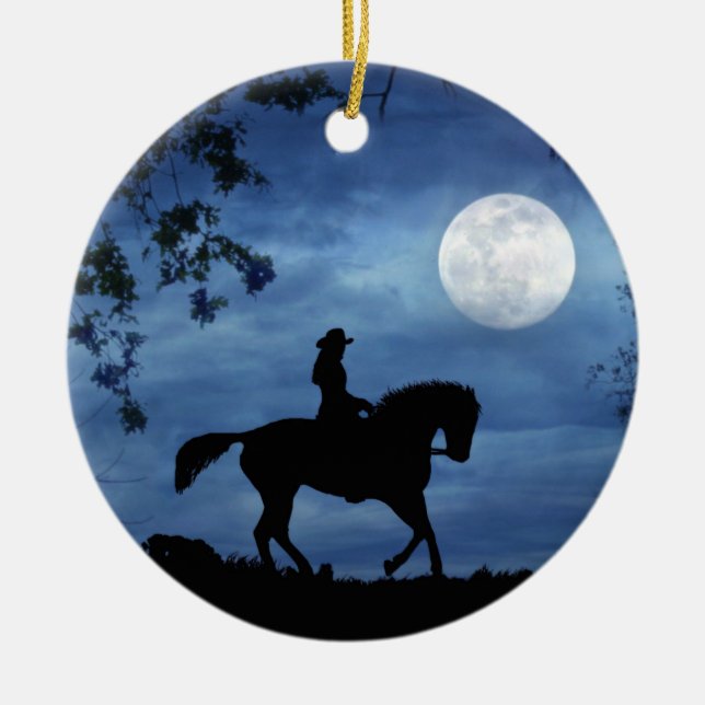 Ornamento De Cerâmica Country Western Cowgirl e Horse Full Moon (Frente)