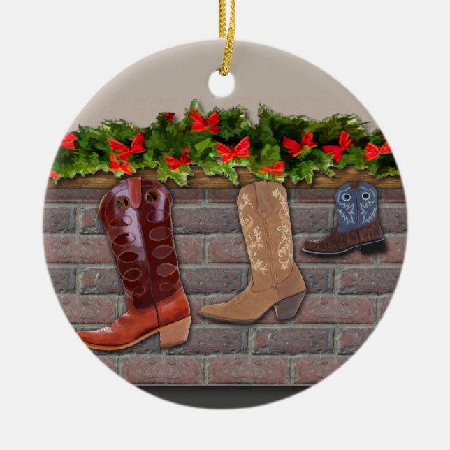 Ornamento De Cerâmica Cowboy Boot Stockings by the Fireplace (Frente)