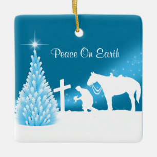 Ornamento De Cerâmica Cowboy Orando Cena de inverno Personalizada