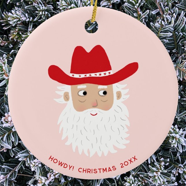 Ornamento De Cerâmica Cowboy Santa Claus Christmas Custom Text (Fun Cowboy Santa Claus Western themed Christmas Holiday ceramic ornament with custom text)