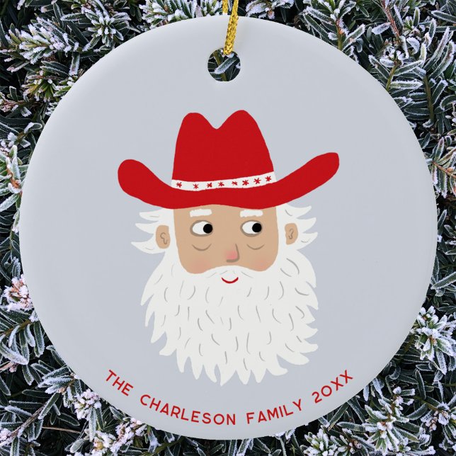 Ornamento De Cerâmica Cowboy Santa Claus Christmas Custom Text (Fun Cowboy Santa Claus Western themed Christmas Holiday ceramic ornament with custom text)