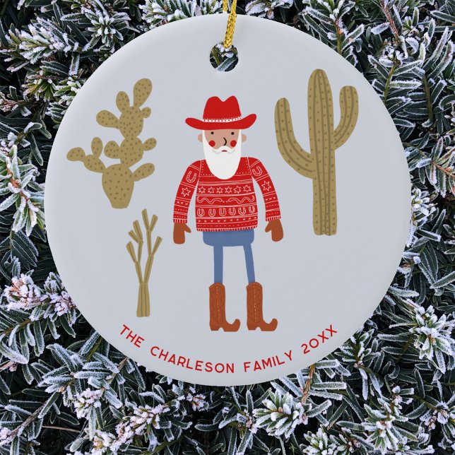 Ornamento De Cerâmica Cowboy Santa Claus Christmas Custom Text (Fun Cowboy Santa Claus Western Christmas Holidays personalized name date ceramic ornament)