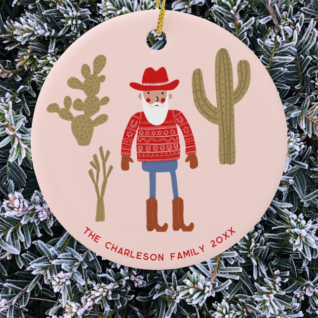 Ornamento De Cerâmica Cowboy Santa Claus Christmas Custom Text (Fun Cowboy Santa Claus Western Christmas Holidays personalized name date ceramic ornament)