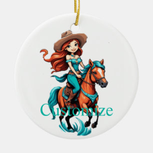 Ornamento De Cerâmica Cowgirl Cuja Cowgirl Anda Pony Thunder_Cove