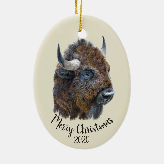 Ornamento De Cerâmica Cozinha de Natal Personalizada Bison Buffalo (Verso)