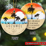 Ornamento De Cerâmica Cozumel México Retro Sunset Palm tree Souvenir 60s<br><div class="desc">Cozumel retro design de praia para férias. Cozumel Mexico Cities Vintage souvenir para viagem das Cidades de Praia do México. Trabalho de arte de praia Cozumel para férias e mochilas do México. Cozumel retro souvenir. Design para mochilas e viagem para o México. Praia com o souvenir Vintage para férias à...</div>