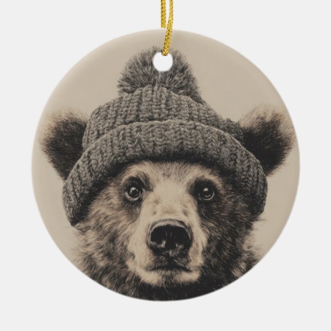 Ornamento De Cerâmica Cozy Bear in Beanie - Cute Winter Animal  (Frente)
