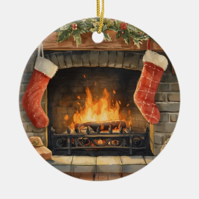 Ornamento De Cerâmica Cozy Christmas Fireplace Ornament | Personalized  (Frente)