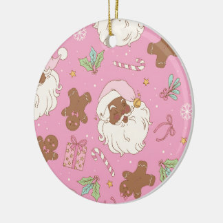 Ornamento De Cerâmica Cozy Pink Pastel Black Santa & Bow Christmas